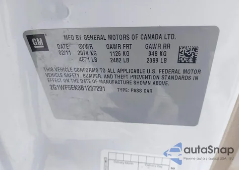 2011 Chevrolet Impala Ls from USA, damaged, VIN 2G1WF5EK3B1237291